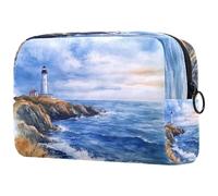 Acquerello Paesaggio marino con un faro piccola borsa per il trucco per le donne borsa cosmetica con cerniera accessori di bellezza borsa organizer, Multicolore 03, 18.5x7.5x13cm/7.3x3x5.1in