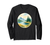 Acquerello Paesaggio Montagna Tranquillo Lago & Alberi Design Maglia a Manica