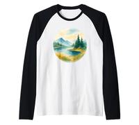 Acquerello Paesaggio Montagna Tranquillo Lago & Alberi Design Maglia con Maniche Raglan