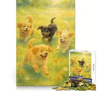 Acquerello raffigurante quattro cuccioli che giocano in un campo Puzzle da 1000 pezzi per adolescenti, esercizio mentale, svago rilassante, bordi definiti, regalo di Natale (38x52cm)