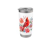 Acquerello Rosso Cardinale Uccello Floreale Bird Bicchiere termico in acciaio inox doppia parete