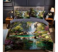 Acquerello Set Biancheria da Letto cascata naturale del paesaggio Copripiumino Matrimoniale 260x 40 cm, 3 Pezzi in Microfibra con 2 Federe 50x80 cm, Stampa 3D e Chiusura a Cerniera