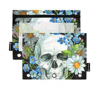 Acquerello teschio umano fiori di Halloween 3 raccoglitori ad anelli astuccio 2 pz cartelle di file per ufficio esame cerniera borsa cancelleria