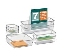 Acrimet Organizzatore Modulare per Cassetti, Contenitori a Vassoio Box per Ufficio, Casa, Trucco, Cucina, Cassetto Svuotatasche (7 Unità - 4 Misure) (Plastica Trasparente)