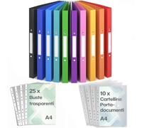 ACROPAQ - 12 x Raccoglitore ad anelli A4 - Incl. 10 x Cartelline Portadocumenti, 25 x Buste Trasparenti e 12 x Etichette per Dorso, 2 Anelli, Dorso 2,5 cm, Colore Arcobaleno dalla collezione Natura