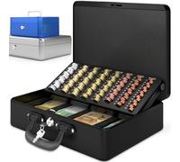 ACROPAQ Cassetta di sicurezza per soldi grande - (35,8 x 27,3 x 11 cm), Cassetta porta soldi con contamonete, Custodia premium, Con 2 chiavi incluse, Nero - Cassetta portavalori, Porta banconote