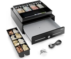 ACROPAQ Cassetto cassa - compatibile con stampanti scontrini RJ11, 8 scomp. monete & 4 banconote, Robusta scocca in metallo, Cassetto con inserto rimovibile, Compatto (34 x 33 x 10 cm) - Cassa