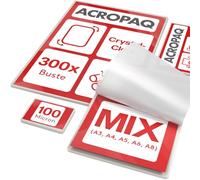 ACROPAQ Fogli plastificatrice MIX - Diversi formati, 100 micron, 300 pezzi (50 x A3, A5, A6, A8), (100 x A4), Qualità premium, Superficie lucida, Angoli arrotondati - Plastificare fogli
