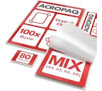 ACROPAQ Fogli plastificatrice MIX - Diversi formati, 80 micron, 100 buste (20 x A4, A5, A6), (40 x A8), Finitura lucida, Angoli arrotondati - Plastificare fogli, Buste per plastificatrice
