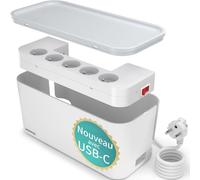 ACROPAQ Scatola di immagazzinaggio cavo - Scatola copricavo con multipresa integrata con pin di terra, adatta per la Francia, porte USB-A e USB-C, Quick Charge 3.0 - Coperchio multipresa