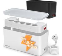 ACROPAQ Scatola nascondi cavi con ciabatta multipresa - Ricarica ultra veloce, 5 prese, USB-A, USB-C, Cavo 2 m - Scatola porta cavi con multipresa - Bianca - 30 x 14 x 14 cm