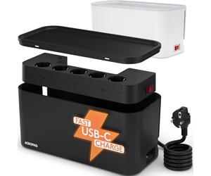 ACROPAQ Scatola Porta Cavi Con Ciabatta Multipresa - 5 Prese, Porte USB-C e USB-A, 2500 W - Nascondi Cavi TV, Elettrica - Nero