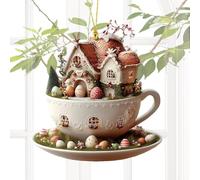 Acrylic Easter Pendant - Coffee Cup House Egg Ornament, Flat Hangable Decor for Tree Display, Vibrant Holiday Decoration with Artistic Style, Seasonal Ornament, Easter Egg Décor for Desktop and Room