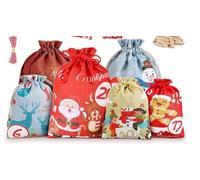 Acsatont 24 Natale Bustine Calendario Avvento Kit con Numeri, Clip, Corda di Cotone, Sacchetti Regalo per Decorazioni Natalizie, Calendario avvento fai da te, Borse Stoffa Coulisse Natalizie