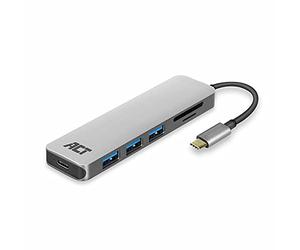 ACT Hub USB C 3.1 Gen1 (USB 3.0) e lettore di schede, porte: 3 x USB A, 1 x Type-C PD, lunghezza cavo 0,15 m, AC7050