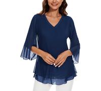 Actcat Camicetta da donna elegante a 3/4 maniche con scollo a V, in rete, con fiori, tunica a doppio strato, 02 blu scuro., S