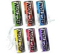 Action Energy Drink Mix di 6 (48 x 250 ml) con pegno, 6 varietà da 8 lattine ciascuna, regolare, ciliegia, Sugarfree, Green Apple, Purple, Cola - ick energetico con aumento del contenuto di caffeina
