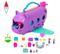 Polly pocket - aereo gattino, playset da viaggio con 2 micro bambole, palco rotante e cucciolo di gatto, 19 accessori inclusi