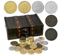 ACTIONDRAKE Monete pirata in metallo, 40 pezzi, monete dorate giocattolo per giochi da tavolo, giochi di ruolo, accessori per DND, tesori e scrigni del tesoro, monete fantasy drago