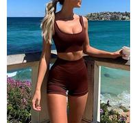 Active Fitness - Set di due pezzi da donna con canotta e pantaloncini, per tutte le stagioni, adatto per yoga e corsa (S, marrone)
