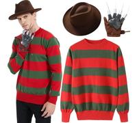 Active Star Set costume da Freddy da uomo, per adulti, maglione a righe rosse e verdi con guanto e cappello marrone da esploratore, costume horror da Elm Street Nightmare Party Outfit - Taglie UK S