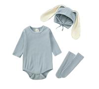 Acuryx Pagliaccetto con Cappuccio Orecchie di Coniglio e Calzini da Unisex Bambini 3 Pezzi Tutine Coniglietto Neonato Manica Lunga in Cotone 6-9 M