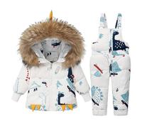 Acuryx Tuta da Sci Stampata 2 Pezzi da Unisex Bambino Piumino con Cappuccio Pellicia Removibili + Salopette da Neve Invernale Antovento Impermeabile Bianco 2-3 Anni