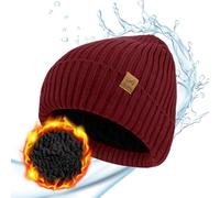 ACUSHLA - Berretto invernale impermeabile e antivento con risvolto, morbido e caldo in lana con fodera in pile, regalo per uomo/donna/lei/lui, Rosso, Taglia unica