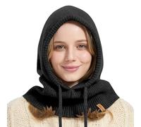 ACUSHLA Passamontagna in 100% lana merino, per donne e uomini, invernale, caldo, con cappuccio, sciarpa, cappello e sciarpa, set in uno, nero, taglia unica