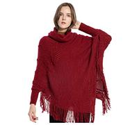 ACVIP Elegante poncho da donna in maglia con collo alto e frange, pullover mantello Cape autunno/inverno rosso vivo Taglia unica