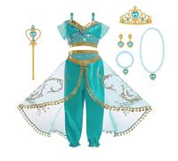 ACWOO Costume Vestito Jasmine Principessa per Ragazza Bambini, 8 PCS Jasmine Costume Ragazze Principessa, Abiti Ragazze per Festa Danza Compleanno Halloween Cosplay (120cm)