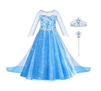 ACWOO Elsa Vestito Set, Costume Elsa Anna Congelamento Bambina Principessa con Corona Bacchetta, Abito delle Ragazze Halloween Cosplay Party Natale Vestito Fantasia Compleanno Vestito