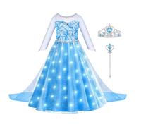 ACWOO Elsa Vestito Set, Costume Elsa Anna Congelamento Bambina Principessa con Corona Bacchetta, LED Luminoso Costume da Principessa per la Halloween Cosplay Party Compleanno Vestito Fantasia