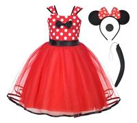 ACWOO Ragazza Pois Abito da Principessa Costumes, 4 Pezzi Costume da Maus Mouse con Naso, Fascia per Orecchie, Coda, Vestito Bambina per Cosplay, Carnevali, Halloween, Natale