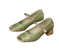 ACXIN Mary Jane - Scarpe da donna con tacco a blocco da 6 cm, eleganti pompe broccate con perle e punta quadrata e design slip-on per ufficio, matrimonio e festa, verde, 37 EU