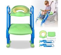 ACXIN Sedile per WC per bambini con scala, pieghevole, per allenare il vasino, regolabile con cuscino in PU e manico, vasino per bambini, blu e verde