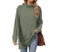 AD-BCrbgen Maglione a Collo Alto a Maniche Lunghe da Donna, Maglione Oversize Invernale a Coste con Tasca(Brown,XL)