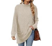 AD-BCrbgen Maglione a Collo Alto a Maniche Lunghe da Donna, Maglione Oversize Invernale a Coste con Tasca(Gray,S)