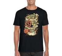 ADAMF WRNNUP Men's Flower Skull Rose Life & Death Colorful Black Slim Fit Mens Horror Dark Effects T-Shirts Black S