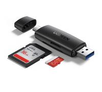 Adattatore con 2 connettori USB-A e USB-C, lettore di schede SD e micro SD, colore nero.