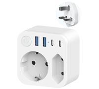 Adattatore da viaggio Germania a UK con 4 USB (2 tipo C), 2 adattatori da viaggio Inghilterra, spina da viaggio, adattatore da Schuko a tipo G, per Regno Unito, Irlanda Malta, colore: Bianco