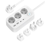 Adattatore da viaggio in tutto il mondo, 3 prese con 4 USB (2 USB C), da tedesco a US/UK/AU/India/Sudafrica, adattatore da 1,5 m, per Europa a Stati Uniti, Messico, Australia, Thailandia HK Namibia