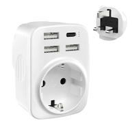 Adattatore da viaggio, spina inglese, Germania, 5 in 1, con 1 AC, 1 USB-C + 3 USB-A (3,4 A), adattatore da viaggio tipo G, adattatore UK per Irlanda, Malta, Maldive, Sri Lanka, ecc