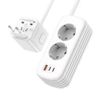 Adattatore da viaggio universale con cavo da 1,8 m, doppia presa da viaggio per EU/DE, spina da viaggio in tutto il mondo con USB C PD 30 W e 3 USB, adattatore internazionale per USA, UK, AU, ciabatta