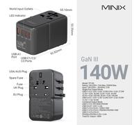 Adattatore da viaggio universale con porte PD da 140W presa ca internazionale con tecnologia GaN con 1 USB-A e 3 USB-C porte