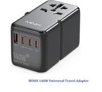 Adattatore da viaggio universale MINIX da 140 W, adattatore di alimentazione internazionale GaN3, 3 porte USB-C 1 USB-A, presa CA, in tutto il mondo USA/Regno Unito/UE/A