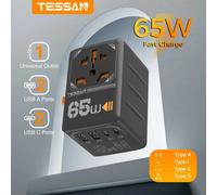 Adattatore da viaggio universale TESSAN GaN da 100 W con USB tipo C 65 W Adattatore per spina internazionale a ricarica rapida Spina UE/Regno Unito/USA/AUS/KR