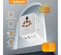 Adattatore da viaggio universale TESSAN GaN da 65 W con presa CA extra a 2 poli 2 USB 3 tipo C Adattatore per spina internazionale per US EU UK AUS