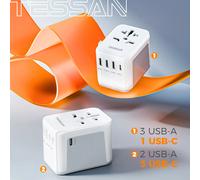 Adattatore da viaggio universale TESSAN in tutto il mondo con USB e tipo C, caricatore da muro all-in-one con spina internazionale per viaggi USA EU UK AUS