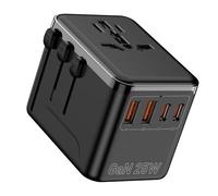 Adattatore di viaggio universale con 2 USB-A + 2 USB-C, caricabatterie GaN rapido da 25W. Compatibile con USA, UK, UE, Giappone. Ideale per viaggi e ricarica multi-dispositivi. Colore nero.